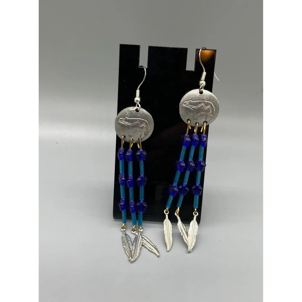 Silver Bear Etched Medallion Blue‎ Star Bead Feather Fringe Dangle Earrings